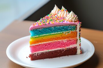 Vibrant slice of rainbow layer cake topped with whipped cream and sprinkles on a white plate