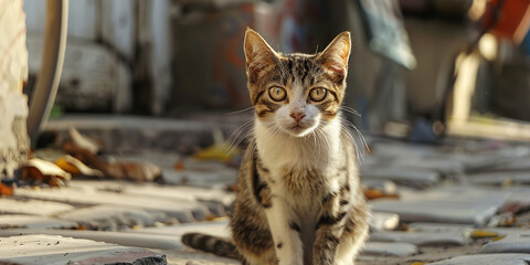 A poor street cat is looking at the camera