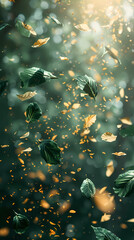 Flying leaves effect with mild sunbeam in 3d illustration vector