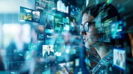 Businesswoman analyzing big data using digital interactive interface