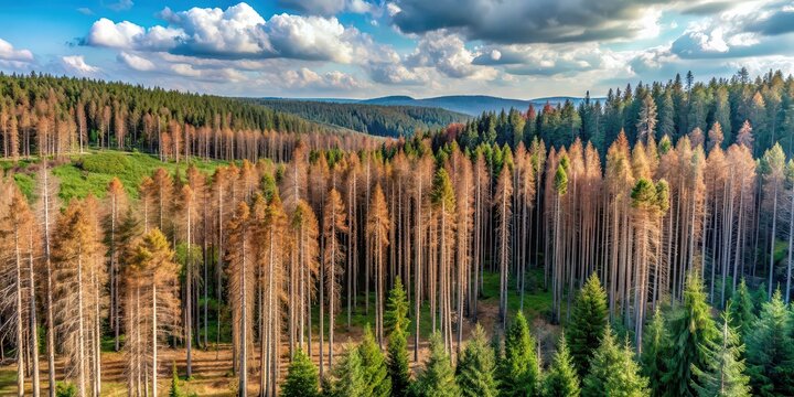 Dead pine trees infested by bark beetles in a Morvan forest, dead, pine, trees, infested, bark beetles, Morvan