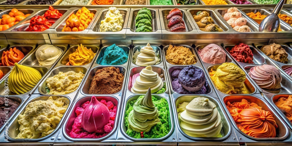 Poster Rome's Gelato Escape A delicious assortment of colorful gelato flavors in a traditional gelato shop in Rome, Italy, gelato, Rome