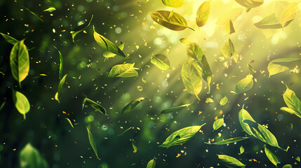 Flying leaves effect with mild sunbeam in 3d illustration vector