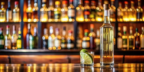 Tall bottle of fine tequila in an upscale cocktail lounge setting, tequila, bottle, upscale, cocktail lounge, celebration