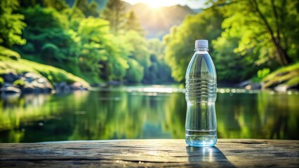 Bottle of Bear Brand water in serene setting, showcasing crystal clear contents, refreshing, pure,peaceful, nature, drink, hydration