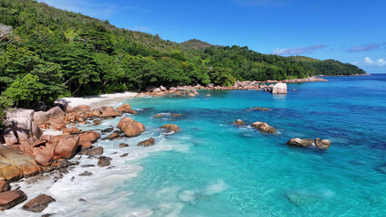 Anse Lazio Beach At Praslin Island In Victoria Seychelles. Indian Ocean Landscape. Beach Paradise. Praslin Island At Victoria. Seascape Outdoor. Archipelago Background. Tourism Travel.