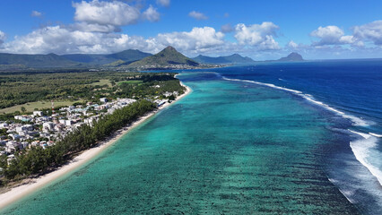 Flic En Flac At Port Louis In Mauritius Island Mauritius. Indian Ocean Landscape. Beach Paradise. Port Louis At Mauritius Island. Seascape Outdoor. Nature Background. Tourism Mauricia.