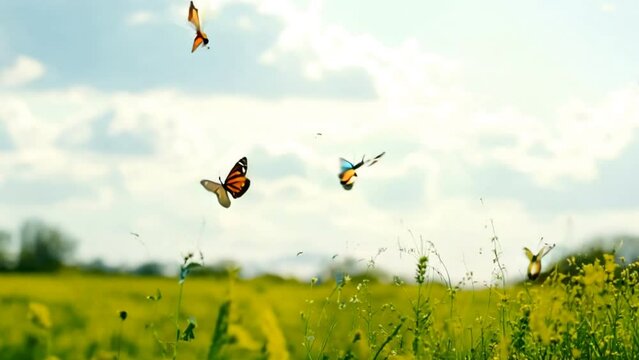 A vibrant scene of butterflies flying in the clear blue sky, fluttering above a lush green meadow and a vast field The landscape features trees, clouds, and the essence of summer nature The butterflie