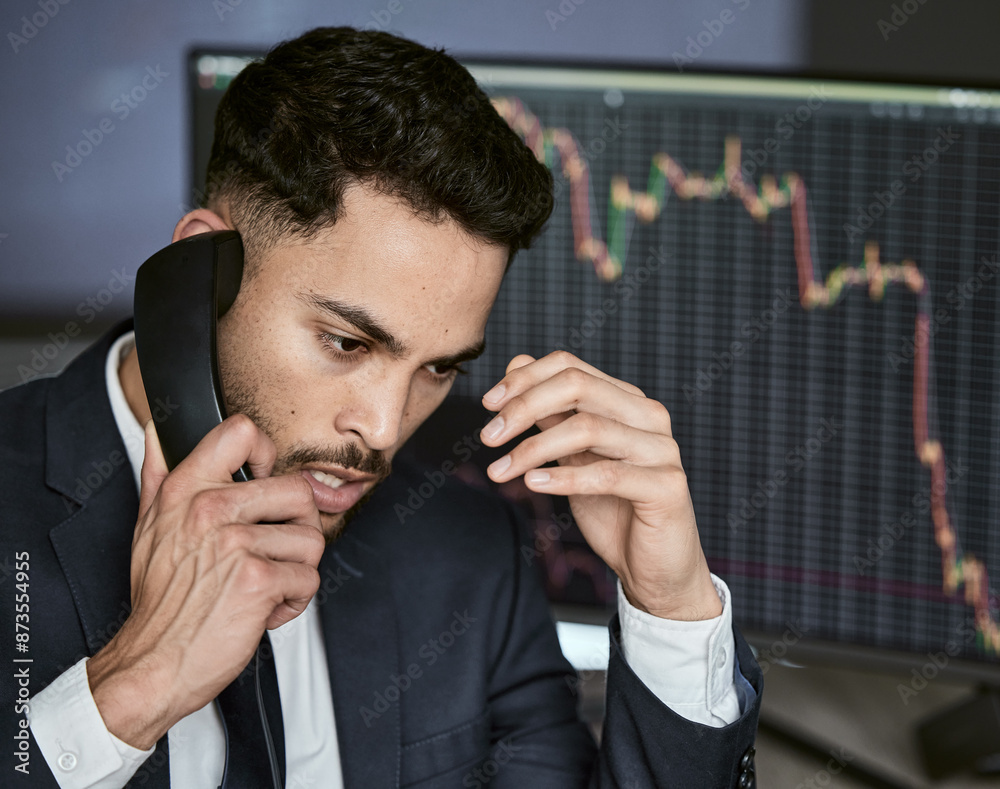 Aufkleber frustrated, statistics and business man with phone call for investment mistake, error or stock marke