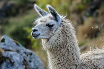 Obraz premium Detailed view of a llama's face with a natural background, showcasing its woolly fur and calm expression
