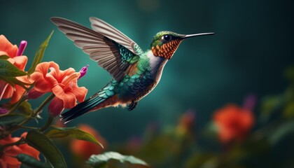 Fototapeta premium Hummingbird hovering in midair flat design side view rainforest theme 3D render Complementary Color Scheme