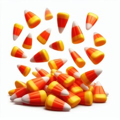 Colorful candy corns falling isolated on a white background