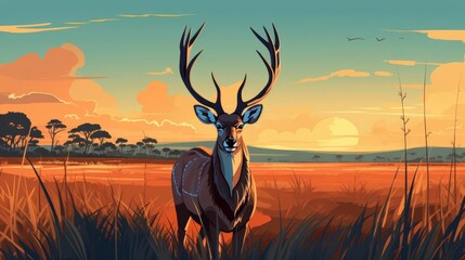 Kudu with ears perked listening flat design front view grassland theme animation Complementary Color Scheme
