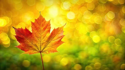 Fototapeta premium Bright yellow autumn leaf with red stem on green and yellow background with bokeh , autumn, leaf, red, stem, yellow, bright