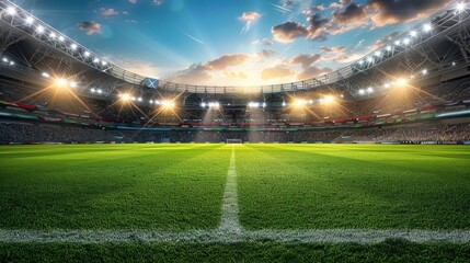 Soccer stadium at sunset with the lights on and full of fans