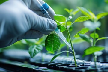 Scientist injecting plant in laboratory for research. Possible GMO theme.