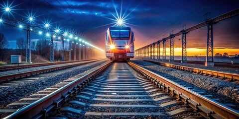 Fototapeta premium Train traveling on tracks at night , train, tracks, night, transportation, travel, locomotive, railway, darkness, journey