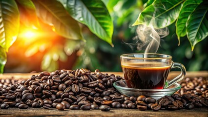 Obraz premium A cup of hot steaming coffee on a black background
