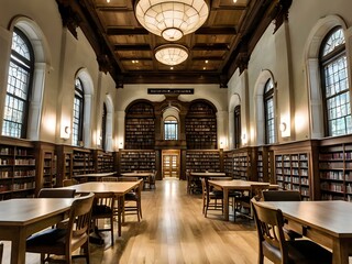 Fototapeta premium A large and luxurious library with tables and chairs with a large fireplace in the center