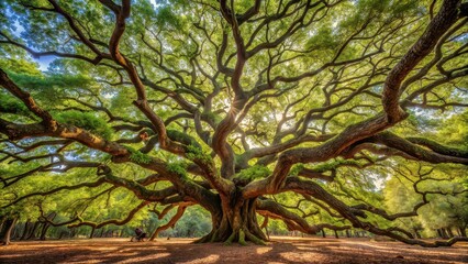 Panorama of intricate branches from the Angel Oak Tree, majestic, ancient, South Carolina, nature, heritage, giant, sprawling