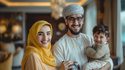 Fototapeta premium Happy muslim family posing together in a modern home interior, smiling and holding their baby son