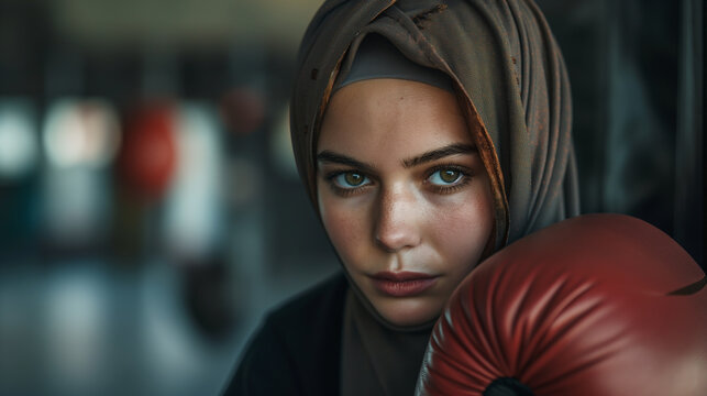 Young muslim woman wearing hijab posing with boxing gloves - Powered by Adobe