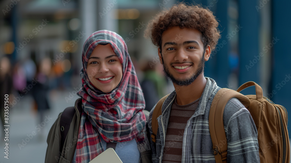 Poster two happy and diverse students smiling on campus