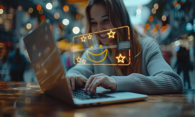 Happy Woman Using Laptop to Fill Out Customer Service Review Form