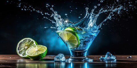 Blue cocktail with lime being splashed with clear liquid, cocktail, glass, splashes, blue, lime, clear, liquid, refreshing