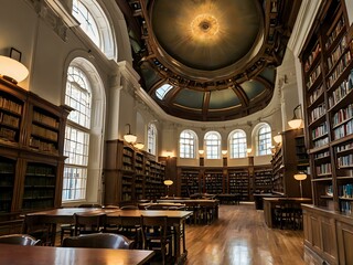 Obraz premium A large and luxurious library with tables and chairs with a large fireplace in the center