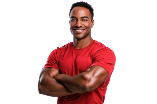 Smiling African American muscular athlete standing arms crossed, isolated on transparent background