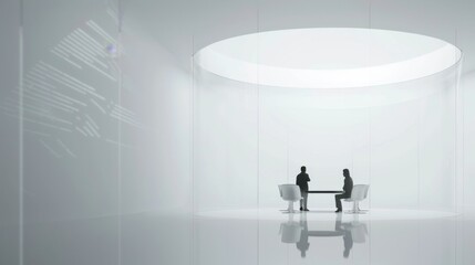 Obraz premium A futuristic business meeting held in a transparent dome suspended in midair where holographic charts and data streams hover around impeccably dressed professionals
