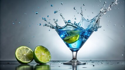 Blue cocktail with lime getting splashed by clear liquid in a glass, cocktail, blue, lime, splashes, drink