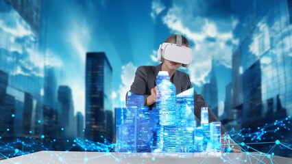 Civil engineer analyzing with rotating tower skyscraper hologram virtual graphic via VR future global innovation network technology community intelligent cityscape urban planning center. Contraption.