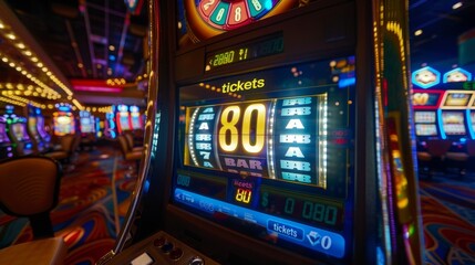 Slot machine displaying eighty credits in a casino gambling hall