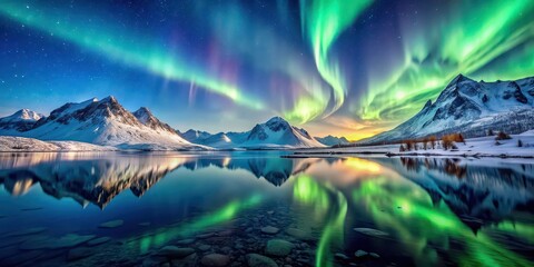 Snowy mountains and aurora sky reflecting off water, snow covered, arctic, north, rocky, mountains, beautiful, aurora