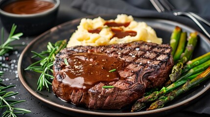 Juicy steak with mashed potatoes, rich gravy, and asparagus, served on a rustic wooden table, isolated background, professional studio lighting, dark background