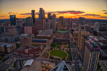 Aerial View of the Minneapolis, Minnesota Skyline at Sunset and Sunrise