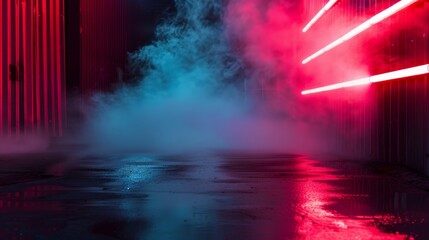 Neon-lit dark street, rusted background, empty and moody, smoke drifting, intense atmosphere