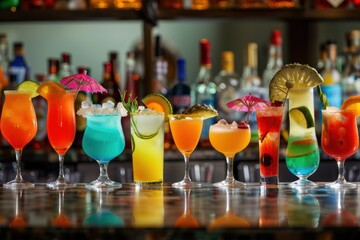 Colorful Cocktails on Bar Counter. Generative AI.