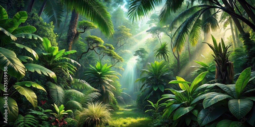 Sticker of a dense prehistoric jungle with vibrant green vegetation, prehistoric, jungle, lush, green, vegetation, tropical, dense