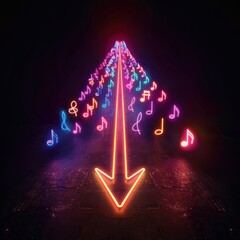 Neon Music Notes Arrow Down