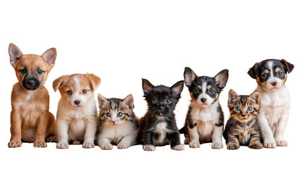 Group of puppies and kittens sitting together, animals friendship concept, isolated on white background