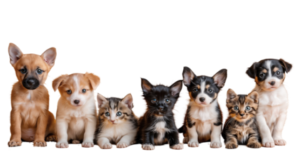 Group of puppies and kittens sitting together, animals friendship concept, isolated on white background