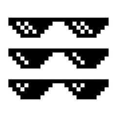 Pixel sunglasses icon. Black and white design. Three variations set. Vector illustration.