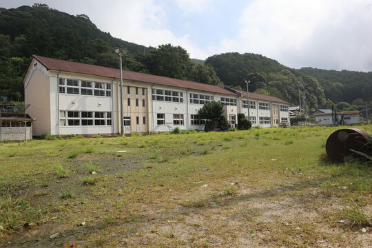 雑草が生えた校庭と木造の校舎