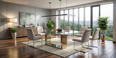 Modern dining room featuring a sleek glass table , contemporary, luxury, interior, design, elegant, decor, stylish