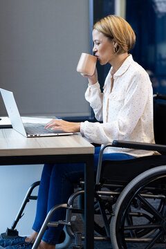 Working on laptop, woman in wheelchair drinking coffee at office desk