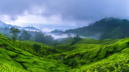 Obraz premium Misty Morning over Rolling Hills of Green Tea Plantation