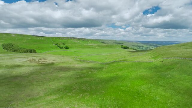 Meadows and Hills over Wharfedale from a drone, Cray, Skipton, Yorkshire Dales, North Yorkshire, England